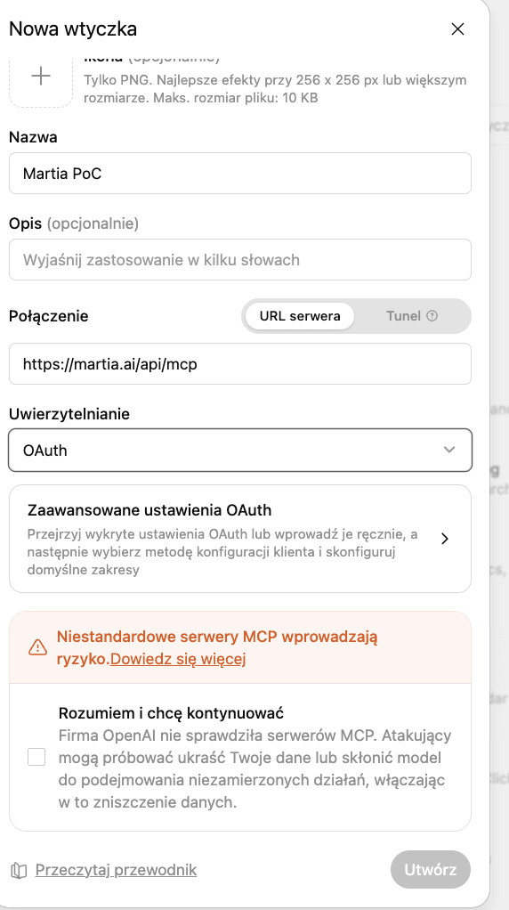 Janela de novo plugin no ChatGPT com o endereço do servidor da Martia e OAuth selecionado